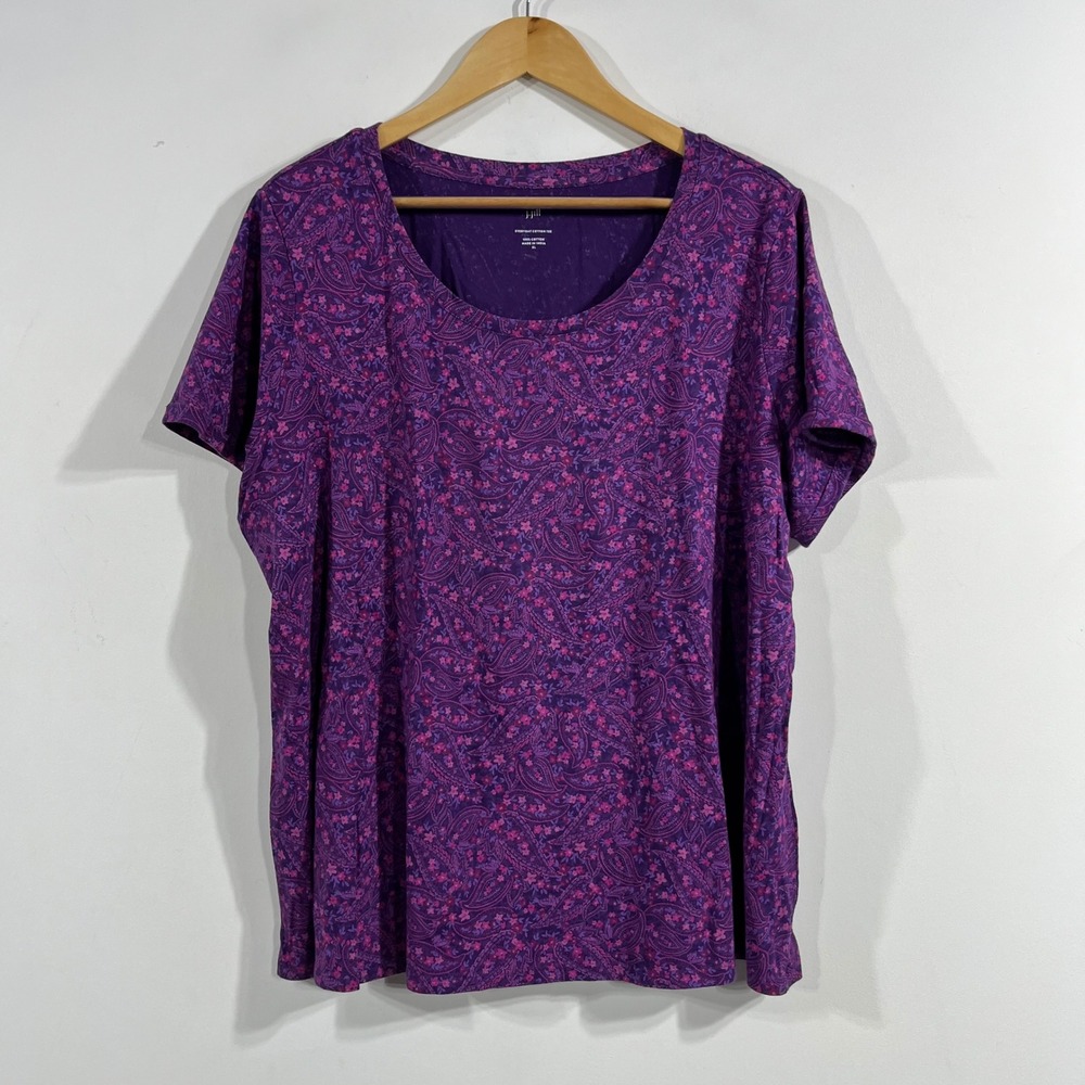 J. Jill Everyday Cotton Tee Purple Paisley Floral Short Sleeve Scoop Neck XL